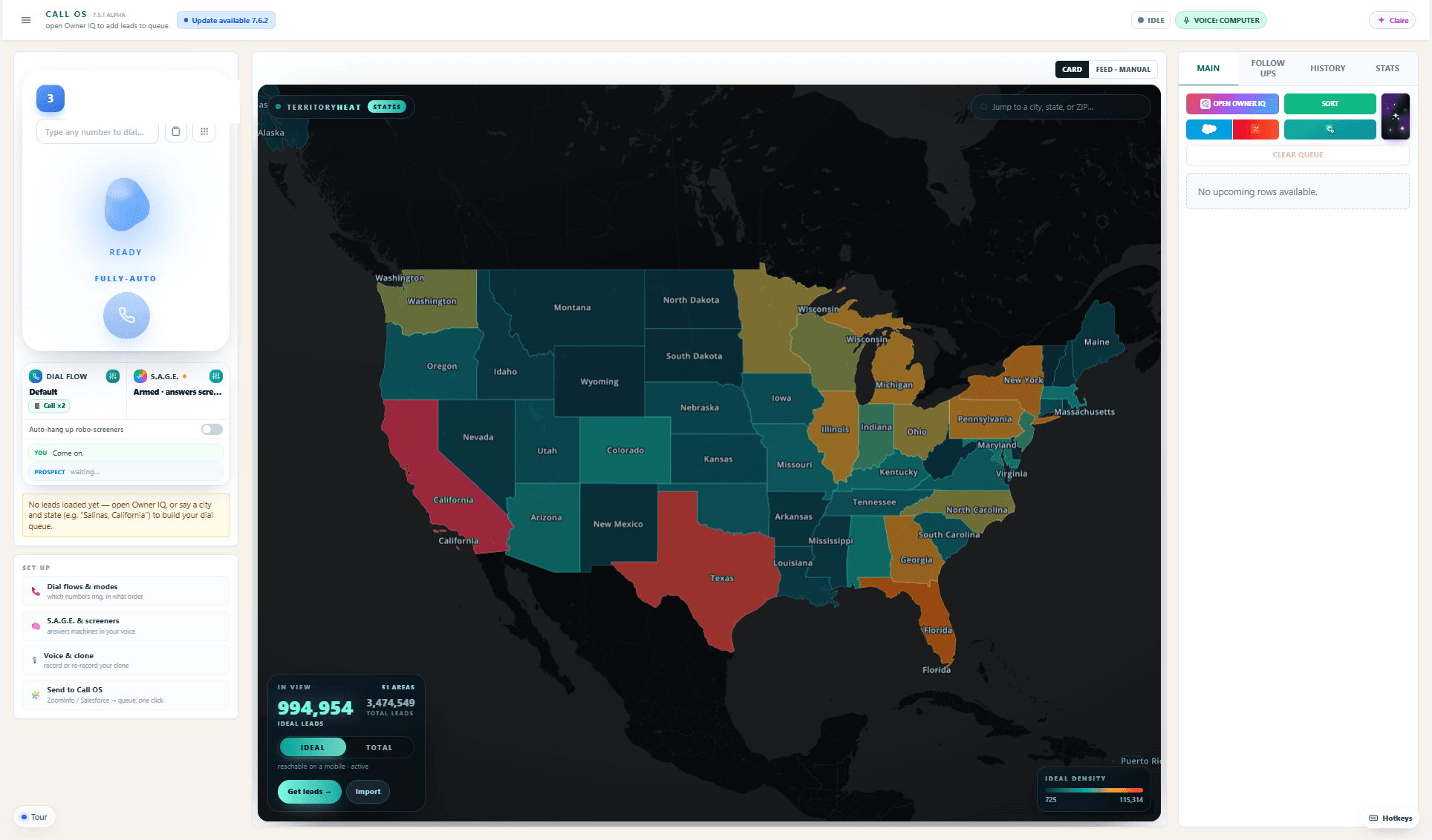 The actual Call OS application showing the softphone, dial flow, S.A.G.E., territory map, Owner IQ connection, queue, follow-ups, history, and stats