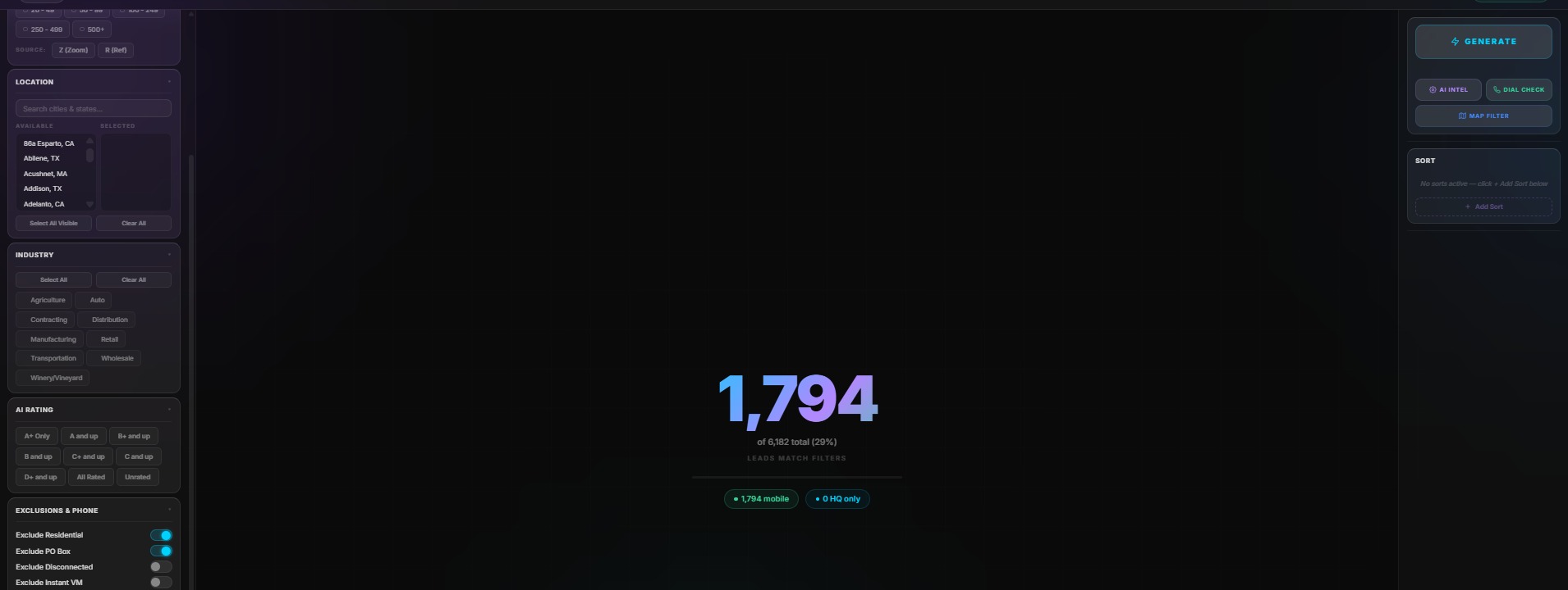 Lead Refinery - 1,794 filtered leads with AI rating, industry filters, and exclusion controls